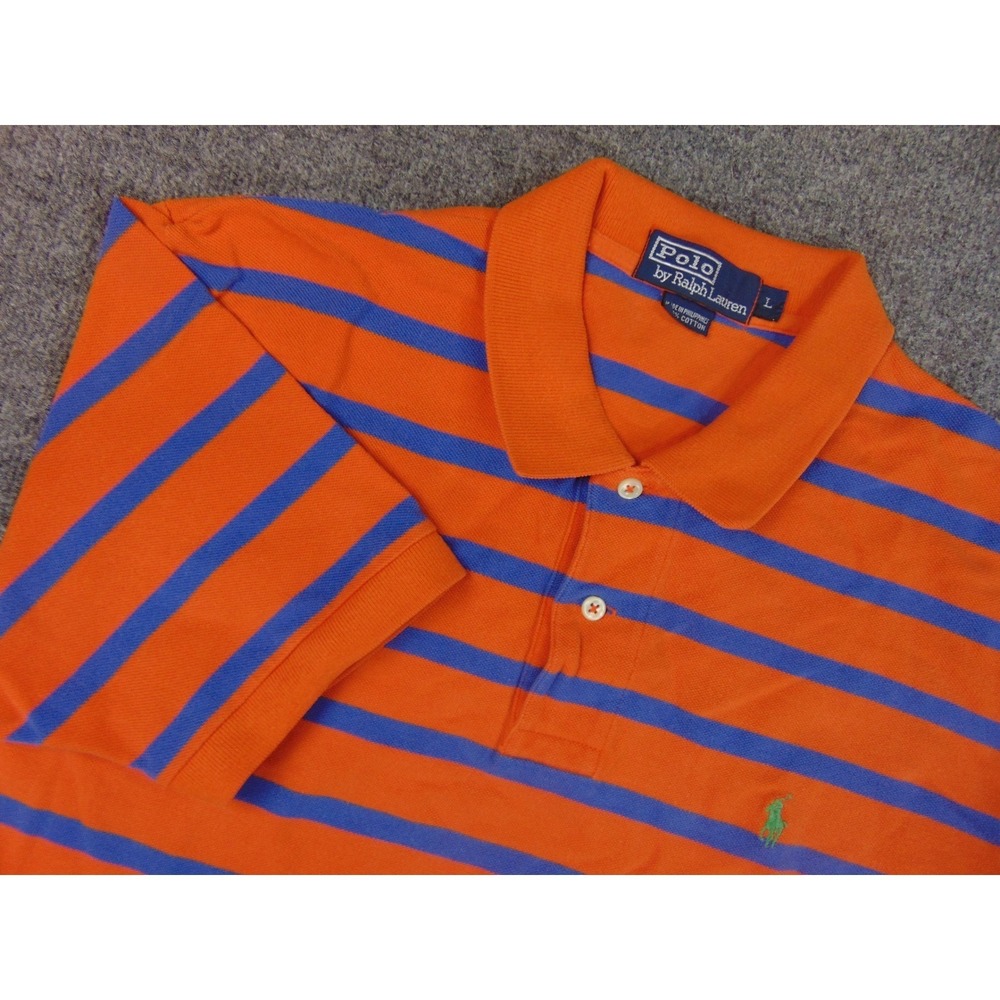 Polo Ralph Lauren Polo Shirt Mens Large Orange Blue Striped Short Sleeve Cotton